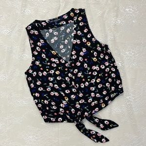 Black Floral Lightweight Sleeveless Button up Top With Tie Front Detail
